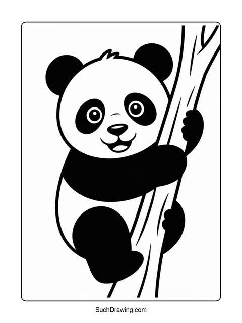 Black and white panda bear clinging to a tree branch, smiling
