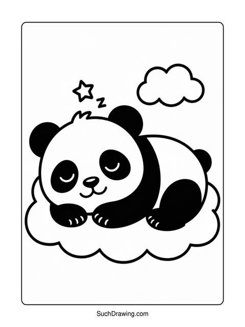 A sleeping panda on a cloud, with a star and cloud illustration