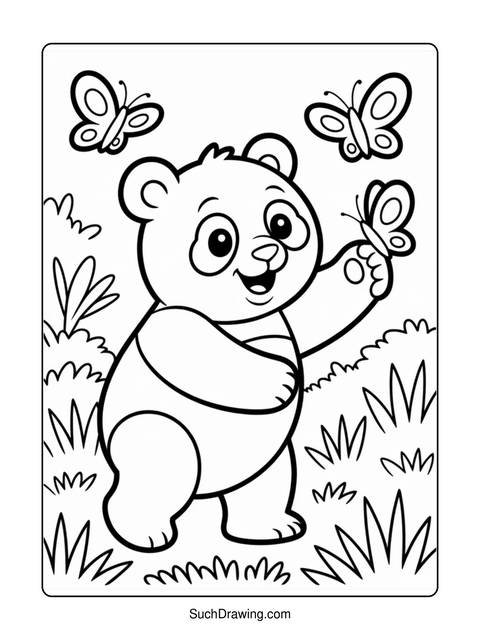 A coloring page of a panda bear with butterflies in a grassy field