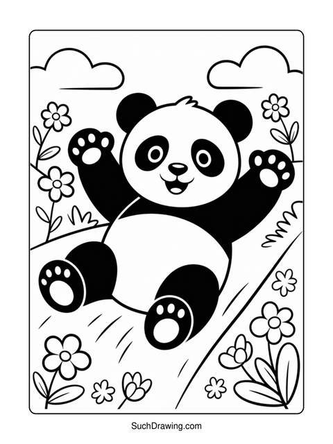 Black and white coloring page of a happy panda bear surrounded by flowers