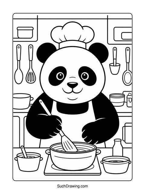 A panda chef stirring a pot in a kitchen, surrounded by cooking utensils