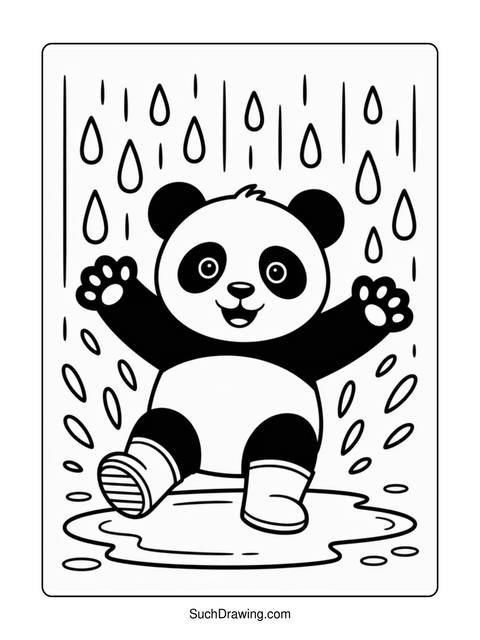 A happy panda wearing boots playing in the rain, coloring page