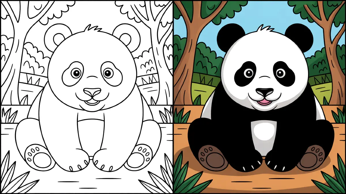 Panda coloring page, featuring a panda bear in a forest setting, ready to color