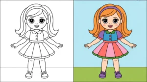 Paper doll coloring pages: a two-panel image of a girl, colored and uncolored