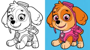 Paw patrol coloring page of skye, a smiling pup in pink gear
