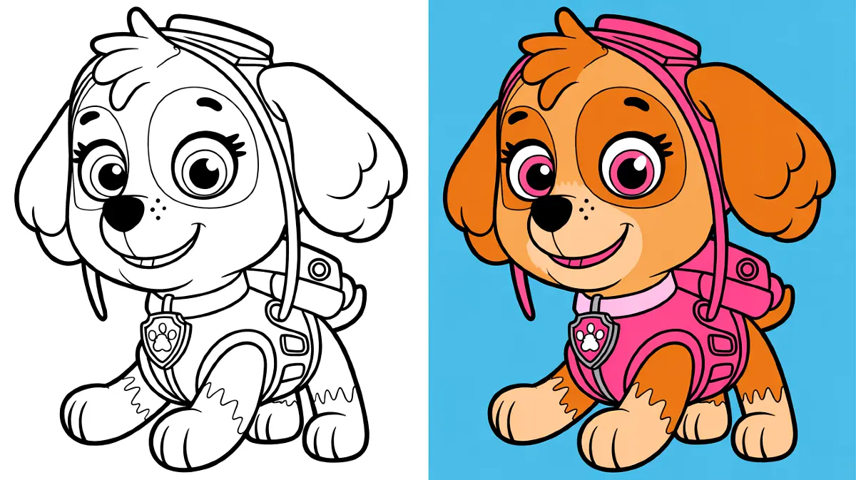 Paw patrol coloring page of skye, a smiling pup in pink gear