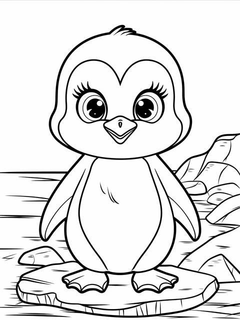 A baby penguin with big eyes, standing on ice, a coloring page