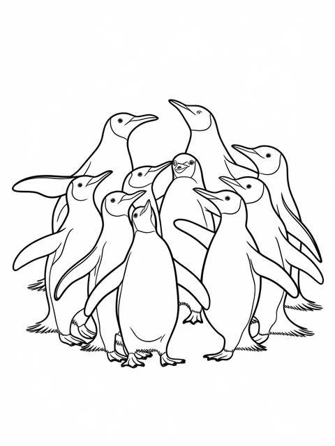 A group of penguins dancing together, as depicted in the 'penguin' coloring page