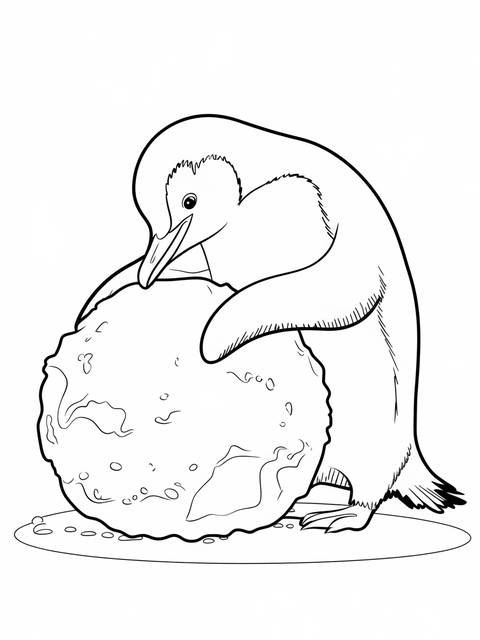 Line art illustration of a penguin building a snowball, as seen in the title