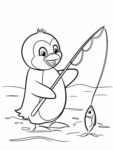 A happy penguin fishing, as depicted on the cover of a coloring page