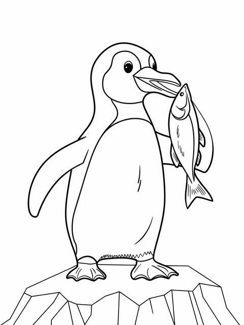 A penguin holding a fish in its beak, standing on an iceberg