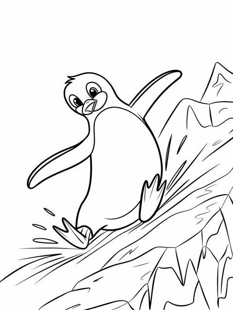 A penguin sliding down an icy slope, a scene reminiscent of the cover
