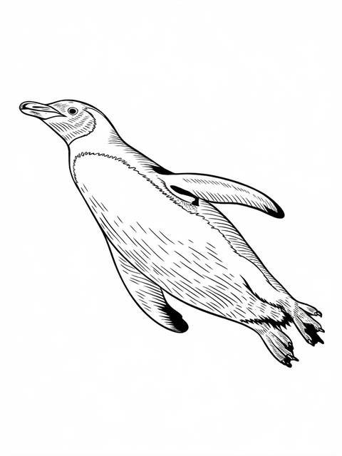 A penguin swimming gracefully, depicted in a detailed black and white illustration