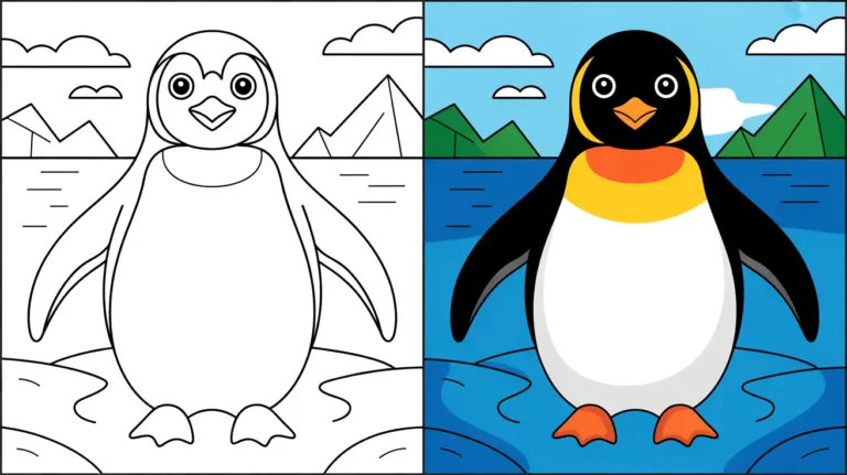 Penguin coloring pages: a two-panel image of a penguin, one colored, one outlined