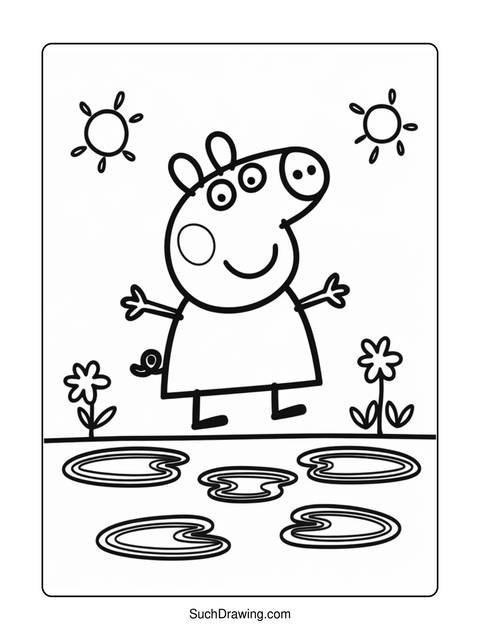 Black and white coloring page of peppa pig standing near lily pads and flowers