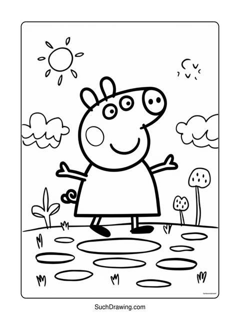 Black and white coloring page of peppa pig standing in a field