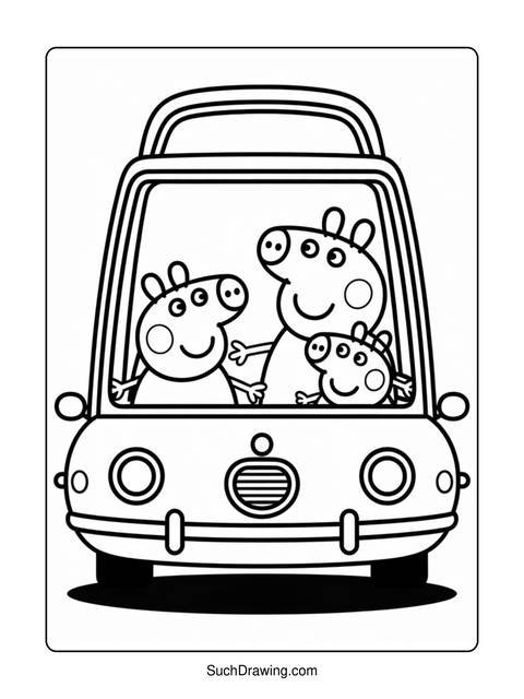 Black and white coloring page of peppa pig's family in a car