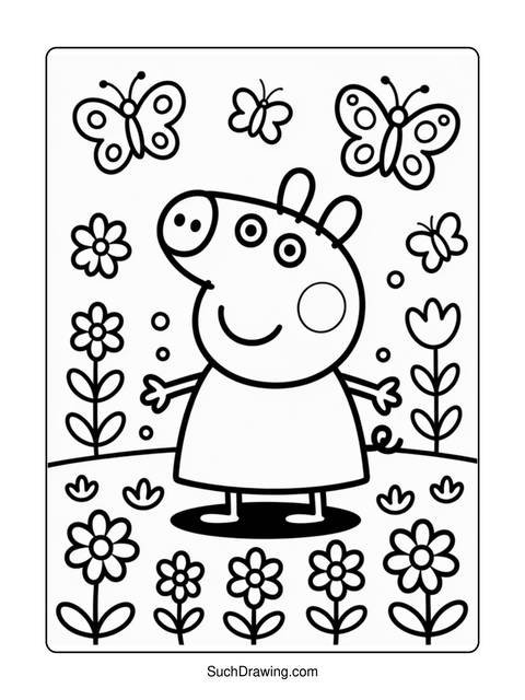 Black and white coloring page of peppa pig surrounded by flowers and butterflies