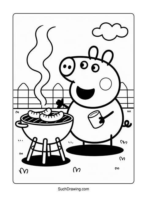 A black and white line drawing of peppa pig grilling sausages