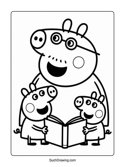 Line drawing of peppa pig's family reading a book together