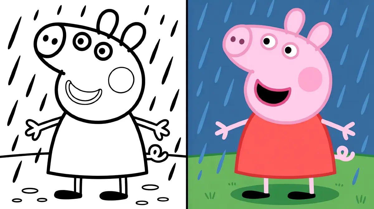 Peppa pig coloring page: a smiling pig in the rain, with a colored example