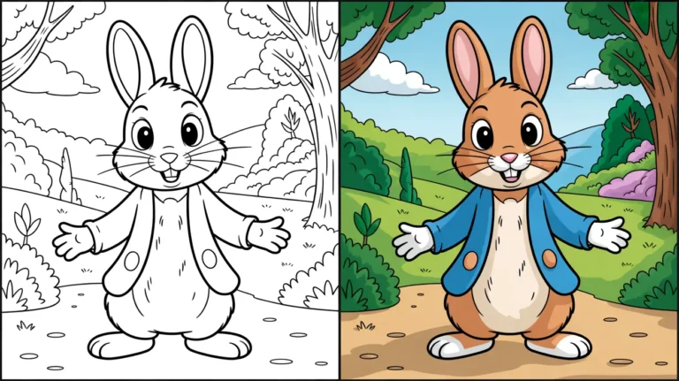 Peter rabbit coloring page: a two-panel image of the character in color and outline