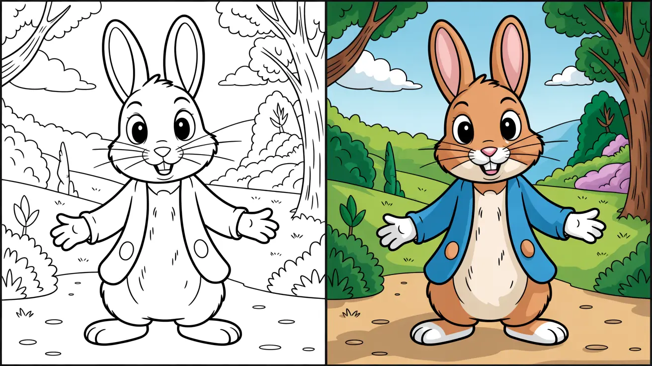 Peter rabbit coloring page: a two-panel image of the character in color and outline