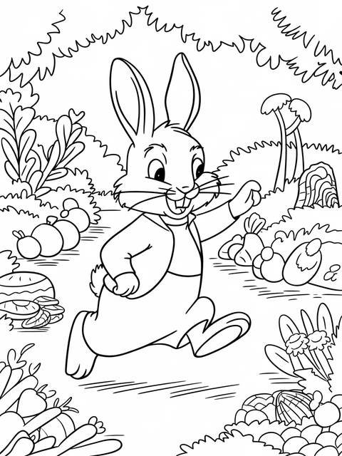 Peter rabbit hopping through a garden, a coloring page illustration