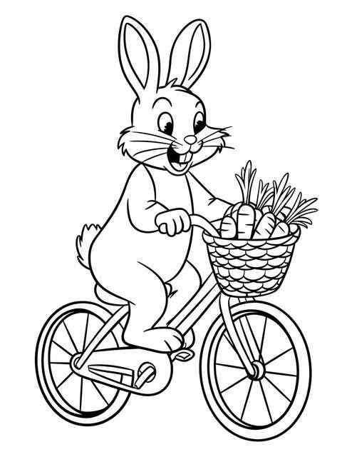 Peter rabbit riding a bicycle with carrots in a basket, ready for adventure