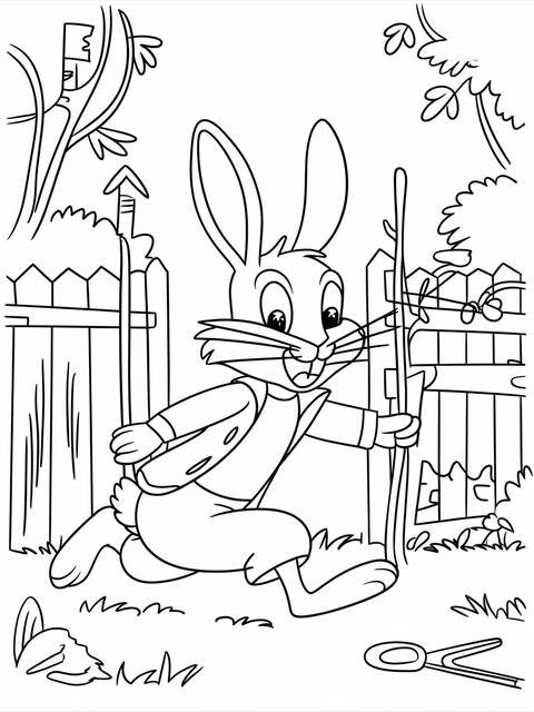 Peter rabbit sneaking through a garden, as depicted in a coloring page