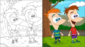 Phineas and ferb coloring page featuring the cartoon duo standing outside