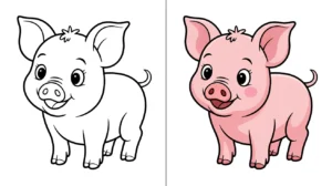 Piglet coloring pages: a two-panel image of a pig, colored and uncolored