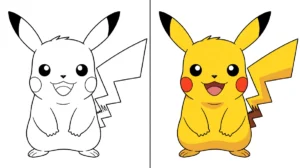Pikachu coloring page, showing a line drawing next to a colored version