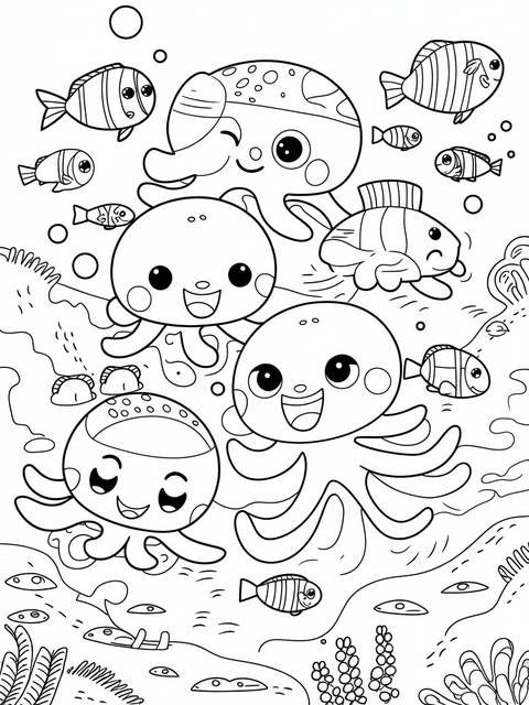 Pinkfong's group of underwater friends, including octopuses and fish, in a coloring page
