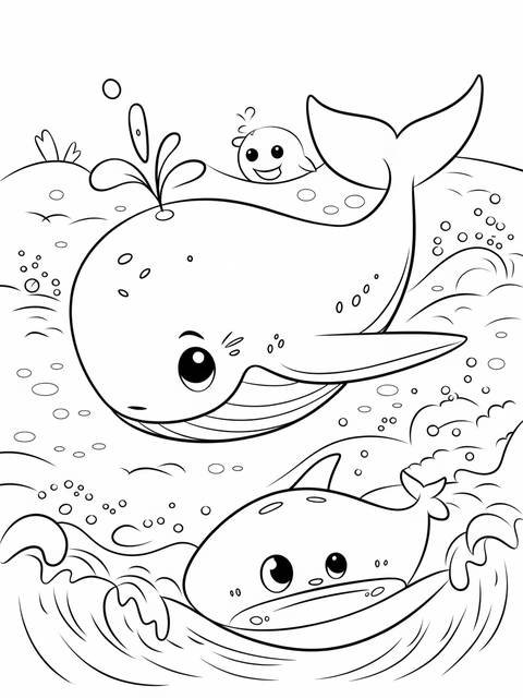 A coloring page of pinkfong and a large, friendly whale with other sea creatures