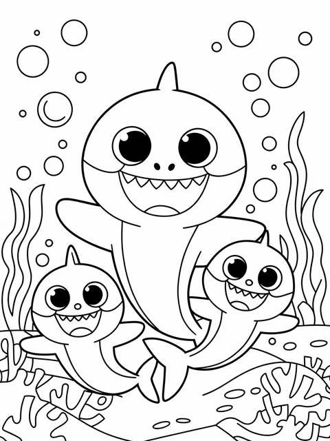 Black and white coloring page featuring pinkfong baby shark and two other sharks