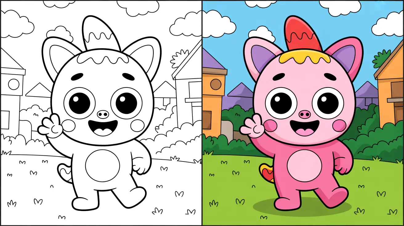 Pinkfong coloring page: a cheerful character waving in a two-panel image