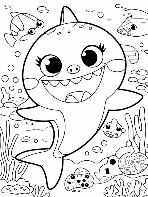 Pinkfong shark family coloring page with playful cartoon shark and underwater elements