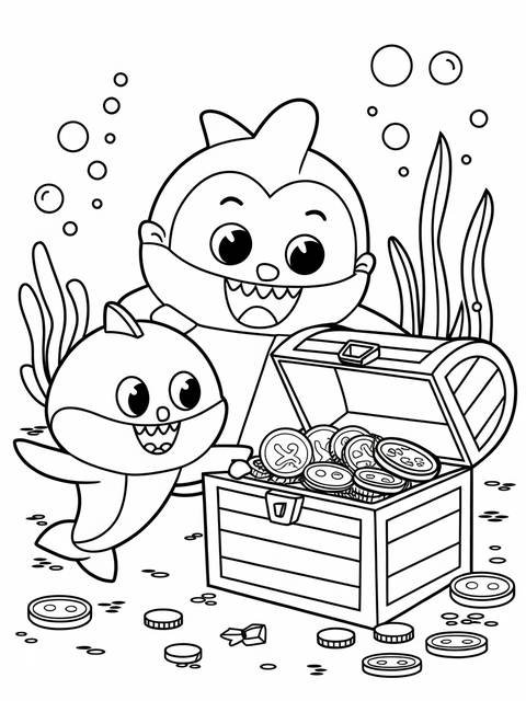 Pinkfong and baby shark exploring a treasure chest filled with coins underwater