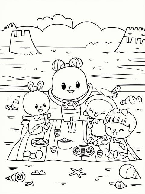 Pinkfong and friends enjoying a beach picnic, a cover illustration for a coloring page