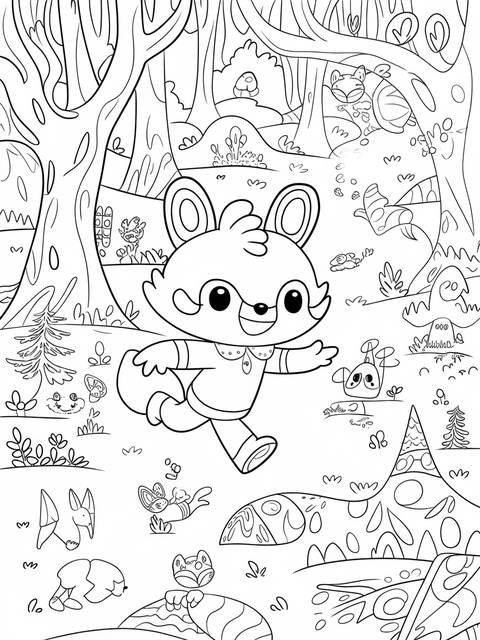 Pinkfong as a fun-loving fox running through a forest coloring page