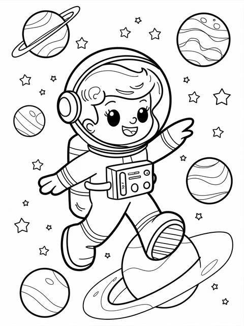 Pinkfong dressed as an astronaut exploring space with planets and stars