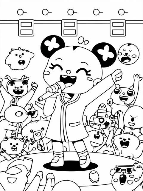 Pinkfong holding a microphone, singing on stage, surrounded by excited characters