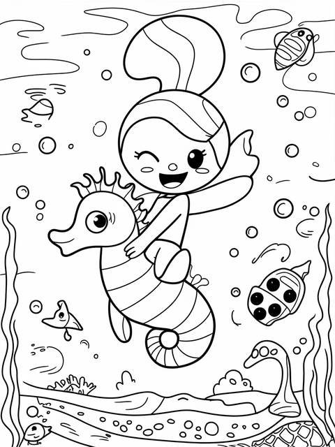Pinkfong character riding a seahorse underwater, winking and giving a thumbs up