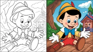 Pinocchio coloring page: a two-panel image showing a colored and uncolored drawing
