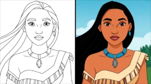 Pocahontas coloring page: a two-panel image of the disney princess