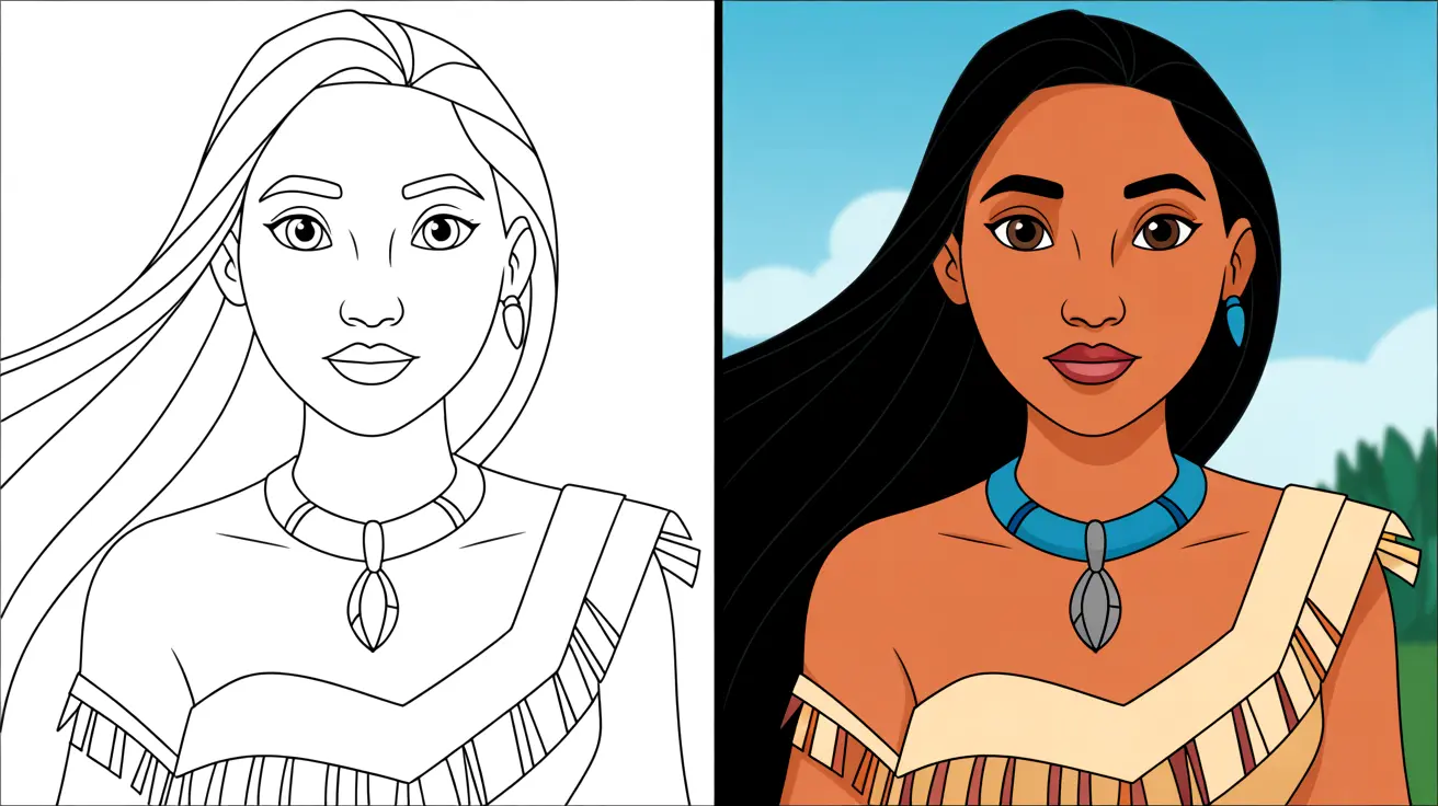 Pocahontas coloring page: a two-panel image of the disney princess