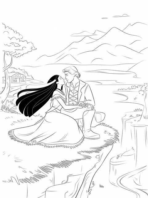 Pocahontas and john smith embrace, a coloring page depicting their romantic moment