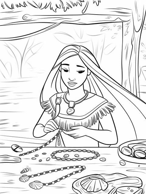 Line art of pocahontas crafting a necklace, surrounded by beads and shells