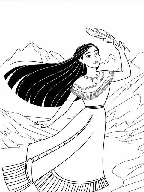 Pocahontas in traditional attire, holding a feather, with flowing hair and mountains